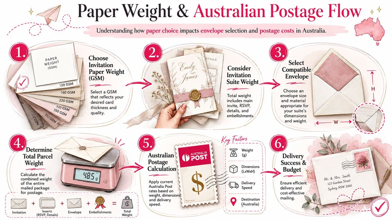 An infographic illustrating the six-step process for determining paper weight, envelope selection, and postage costs for Australian invitations.