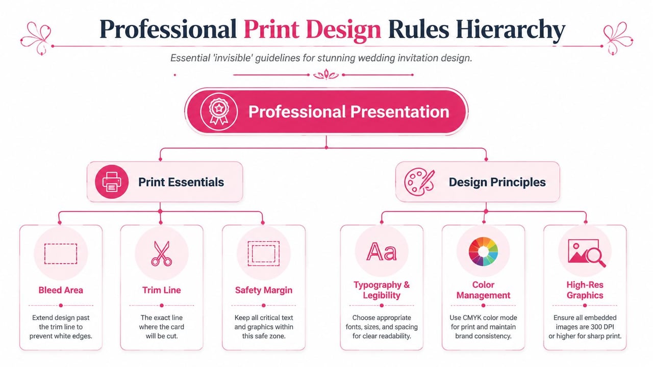 A hierarchical diagram illustrating professional print design rules for creating high-quality, professional wedding invitations.