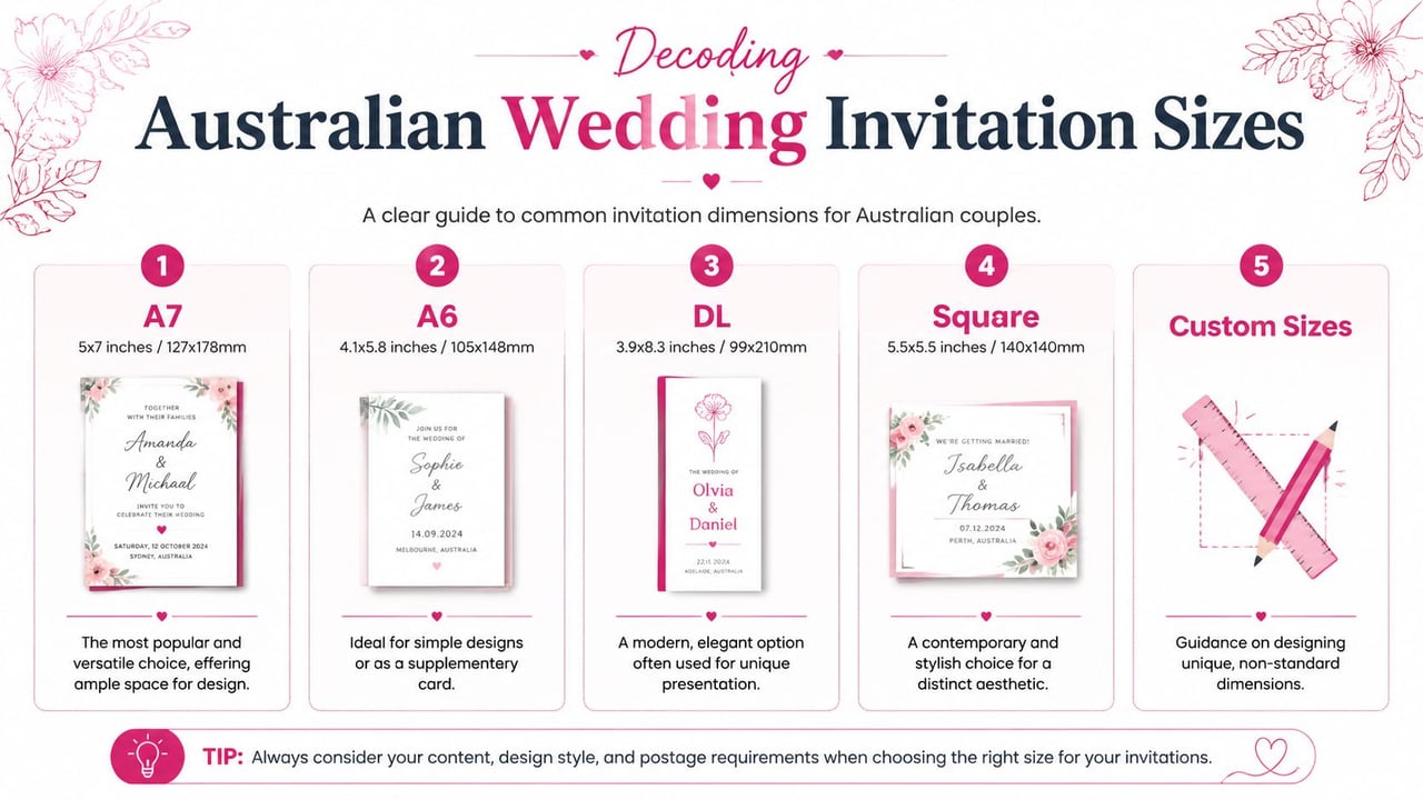 An infographic showing common Australian wedding invitation dimensions including A7, A6, DL, square, and custom sizes.