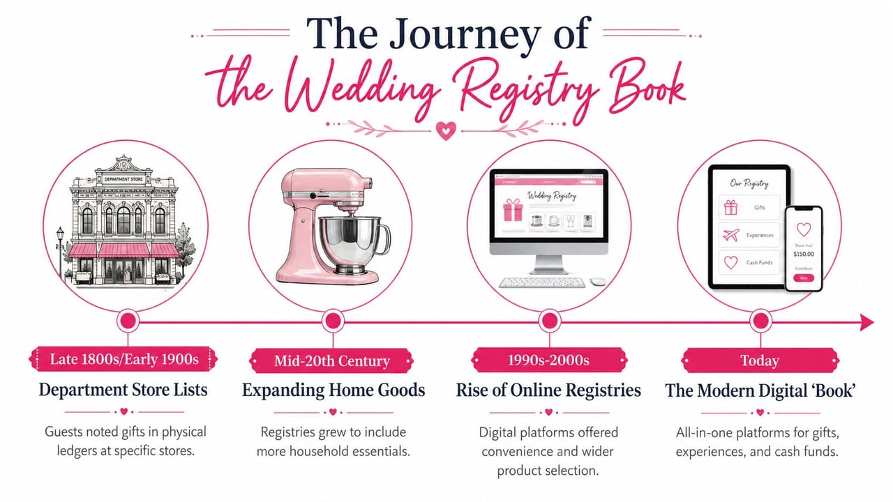 An infographic showing the historical evolution of the wedding registry from department store ledgers to modern digital platforms.