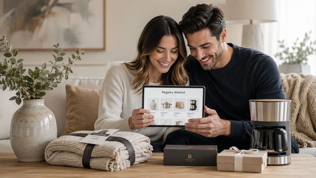A happy couple looks at a wedding registry wishlist on a digital tablet while sitting together.