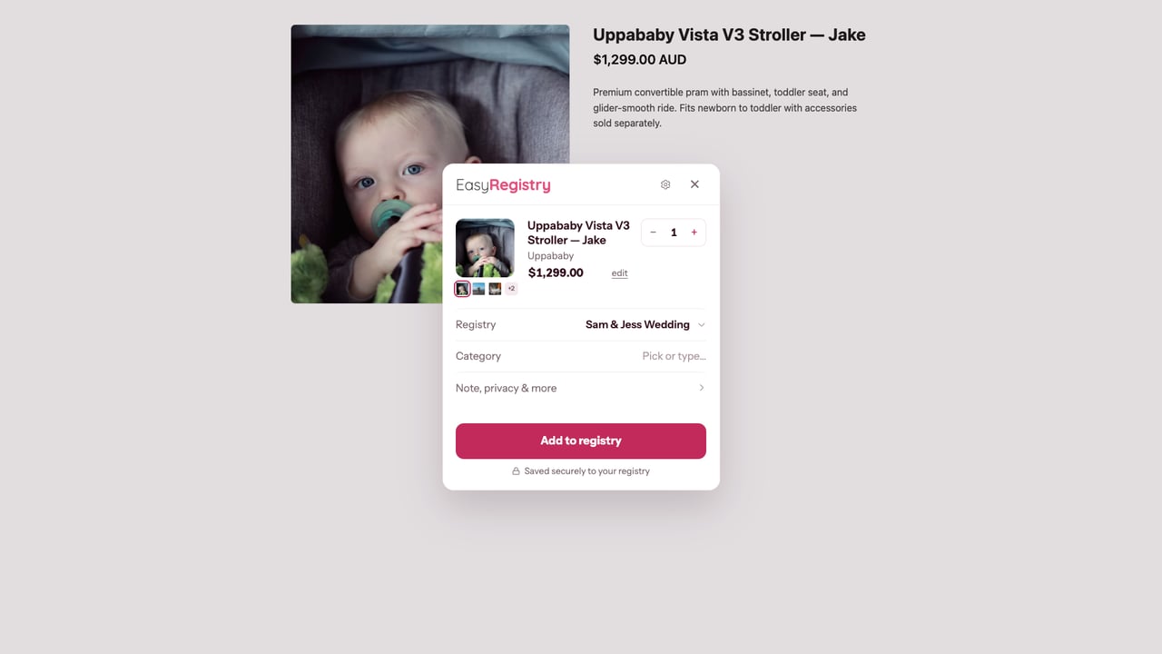 The Add to EasyRegistry Chrome extension open on a retailer's pram product page, with the product photo and price picked up automatically and an Add to registry button ready to click.