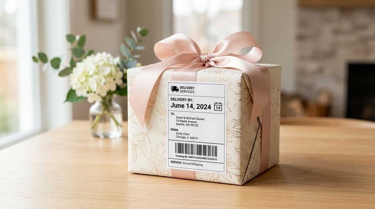A thoughtfully wrapped wedding gift box with a shipping label sitting on a wooden dining table.
