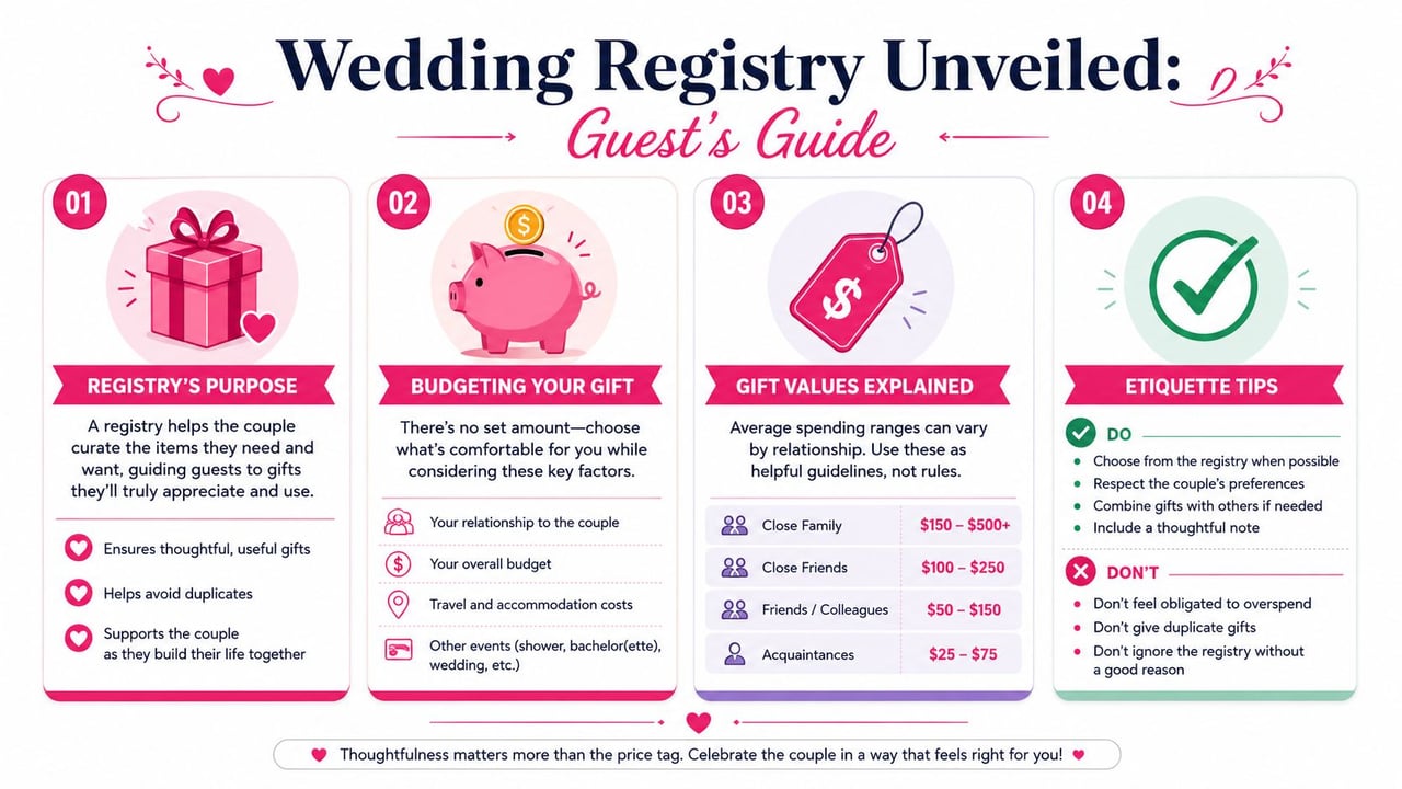 An infographic titled Wedding Registry Unveiled providing guests with guide tips, budgeting advice, and etiquette for wedding gifts.