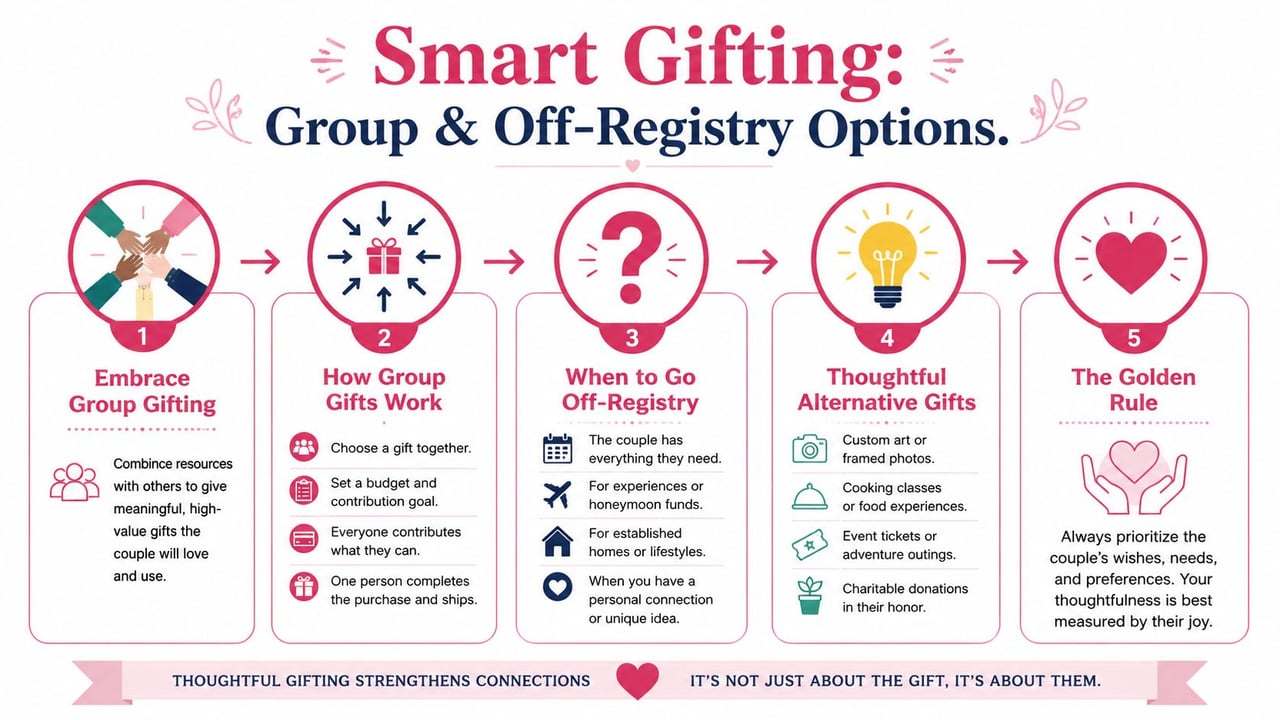 An infographic titled Smart Gifting outlining five steps for group gifting and off-registry wedding gift advice.