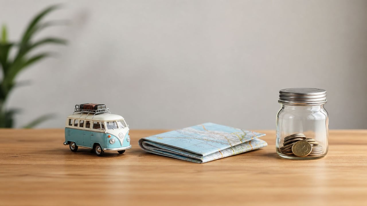 A miniature Volkswagen van, a folded paper map, and a glass jar full of coins on wood.