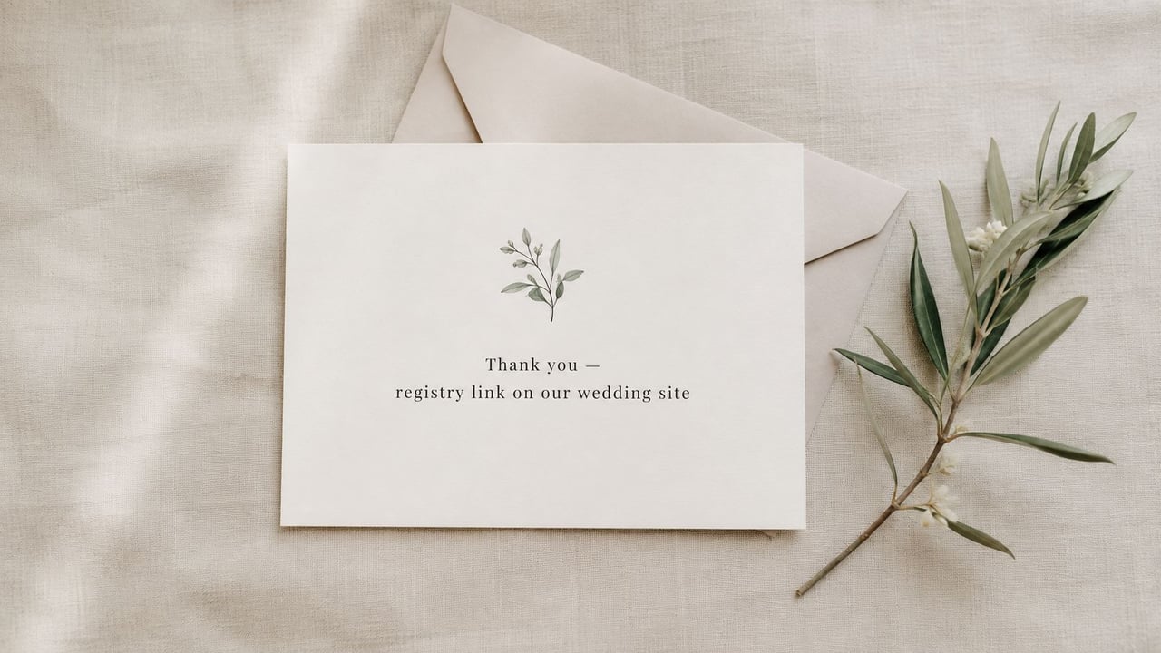 A wedding registry note on a white card with an olive branch sprig on a linen background.