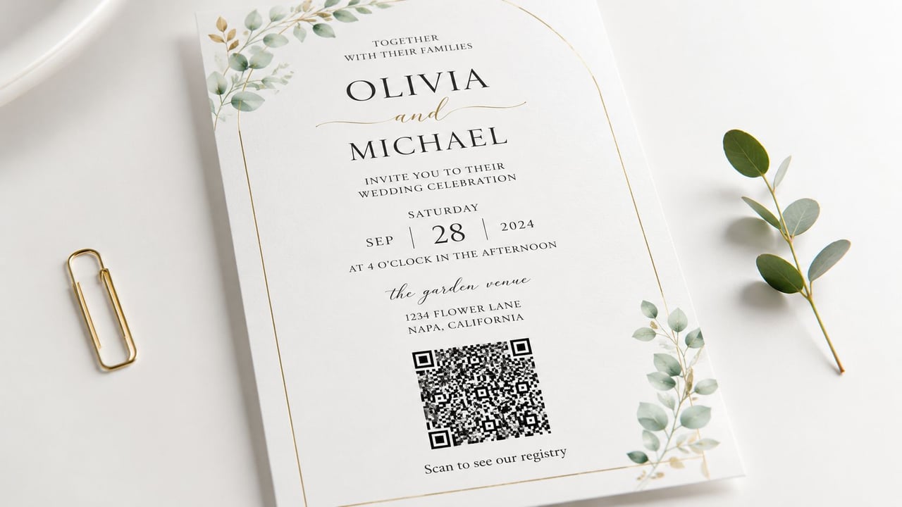 A clean wedding invitation with a QR code leading to a wedding gift registry.