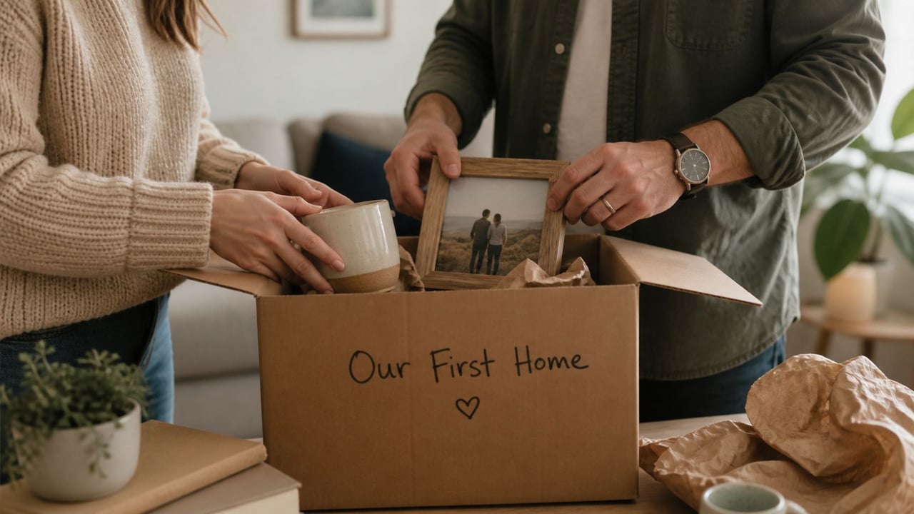 A couple carefully packing personal items and a framed photo into a cardboard box labeled Our First Home.