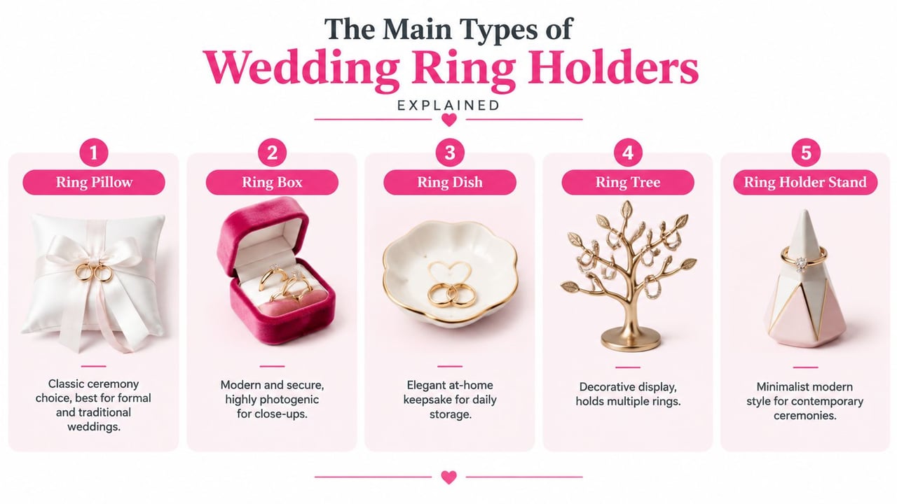 A visual guide presenting five main types of wedding ring holders with illustrations and descriptive text.