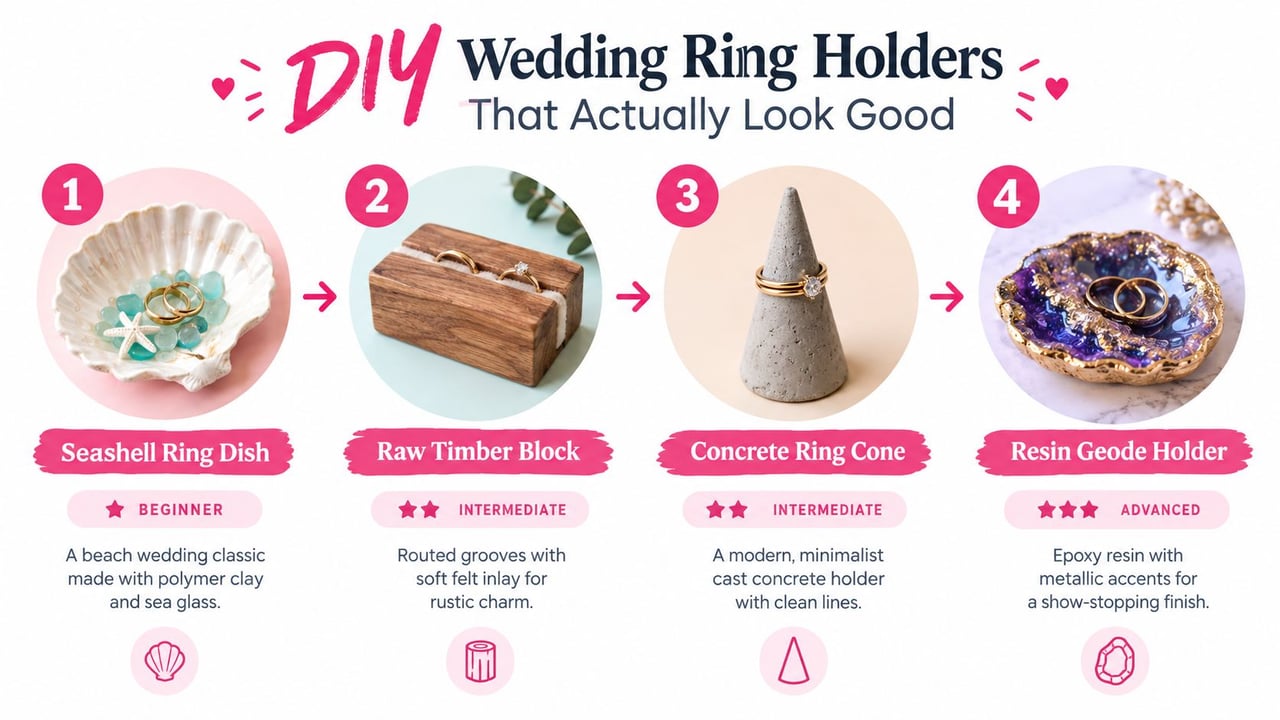 A DIY guide showing four creative wedding ring holder projects including a seashell, timber, concrete, and resin.