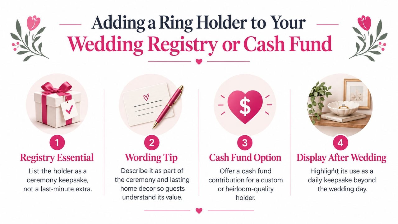 A wedding infographic titled Adding a Ring Holder to Your Wedding Registry or Cash Fund with four steps.