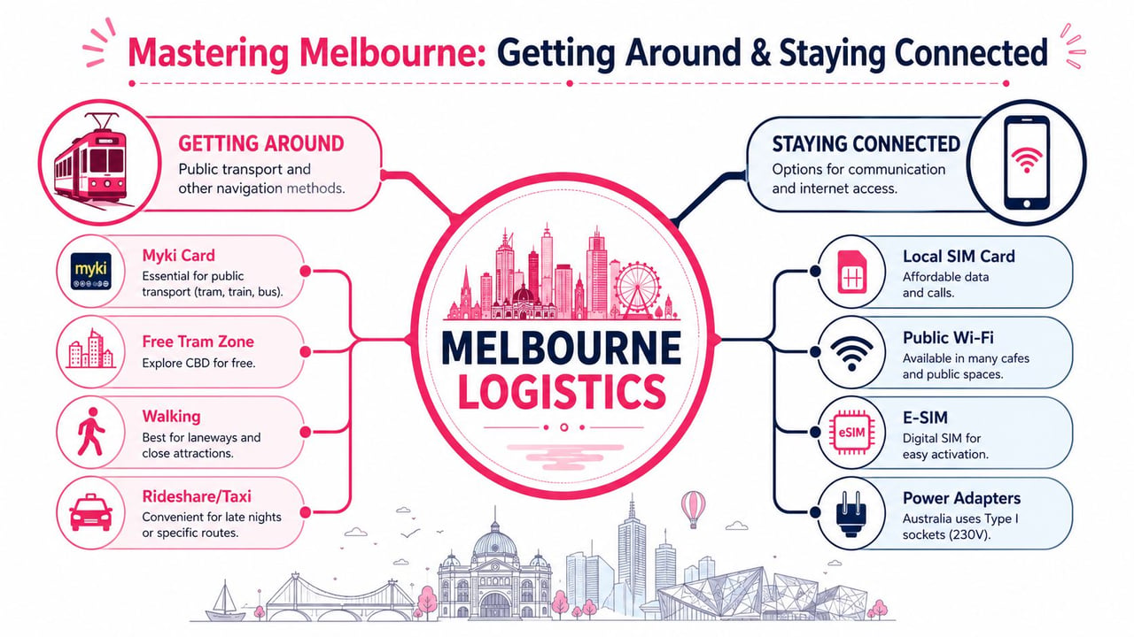 An infographic titled Mastering Melbourne explaining public transportation options, SIM cards, Wi-Fi, and power adapters for visitors.
