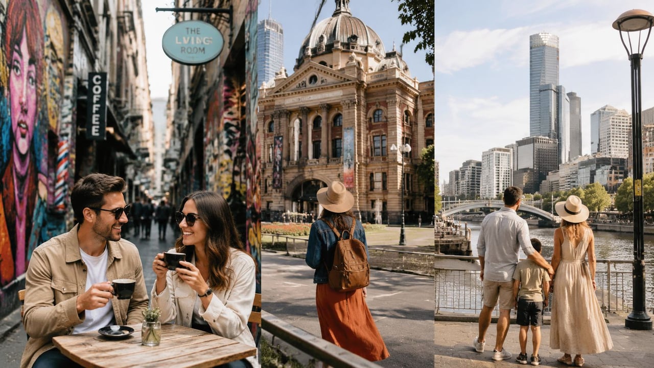 A composite image showing a couple drinking coffee in a Melbourne laneway and exploring iconic city landmarks.