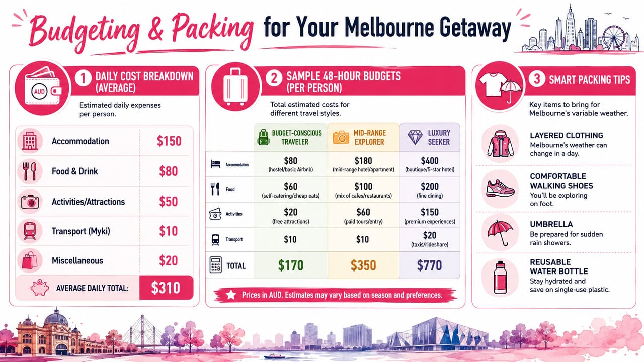 An infographic detailing daily budgeting and essential packing tips for travelers planning a weekend getaway to Melbourne.