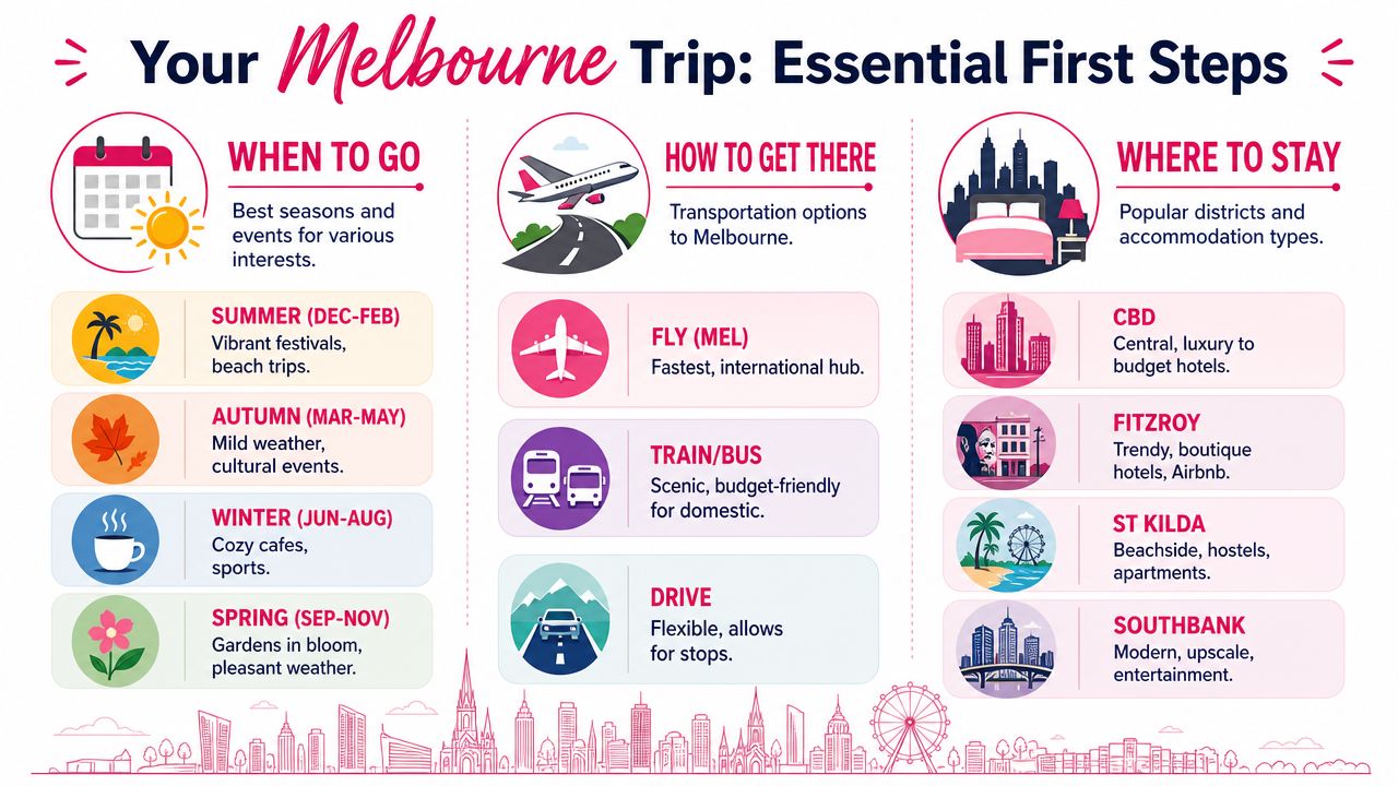 A colorful infographic guide providing essential travel tips for planning a trip to Melbourne, Australia.