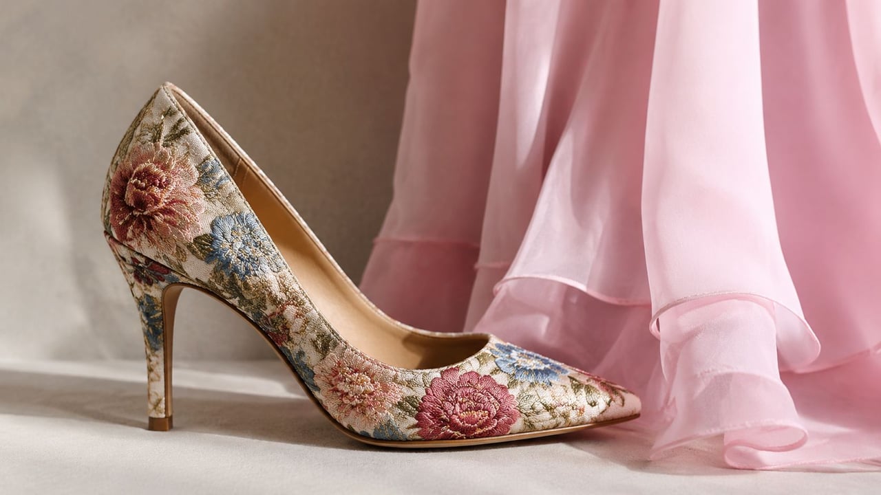 A floral embroidered high heel pump shoe placed next to a soft pink chiffon dress.