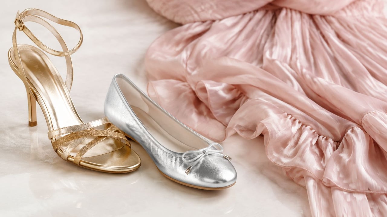 A pair of gold high heel sandals and silver ballet flats displayed next to a pink dress.