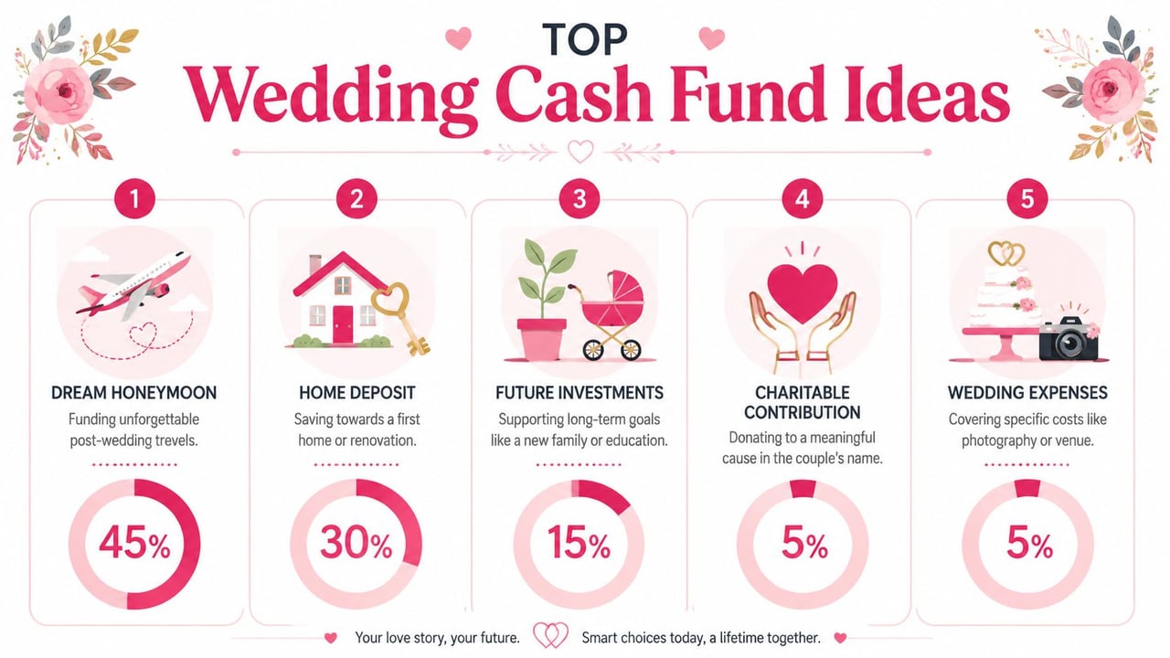 An infographic showing five popular wedding cash fund ideas with percentages for each category.