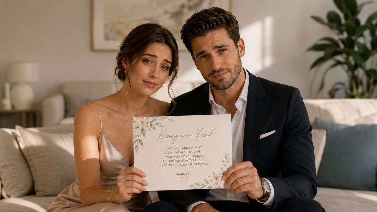 A smiling couple holding a sign asking for honeymoon fund contributions at their wedding ceremony.