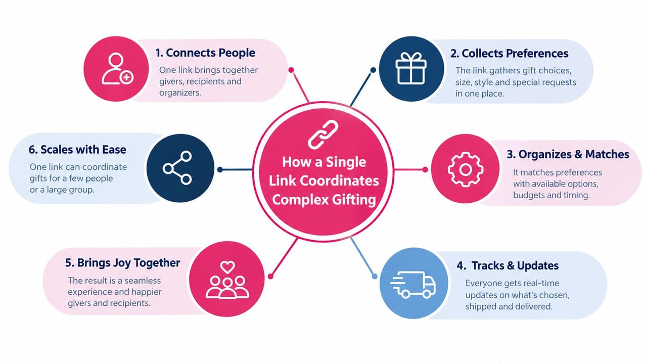 A diagram illustrating how a single link coordinates complex gifting processes through six key steps.