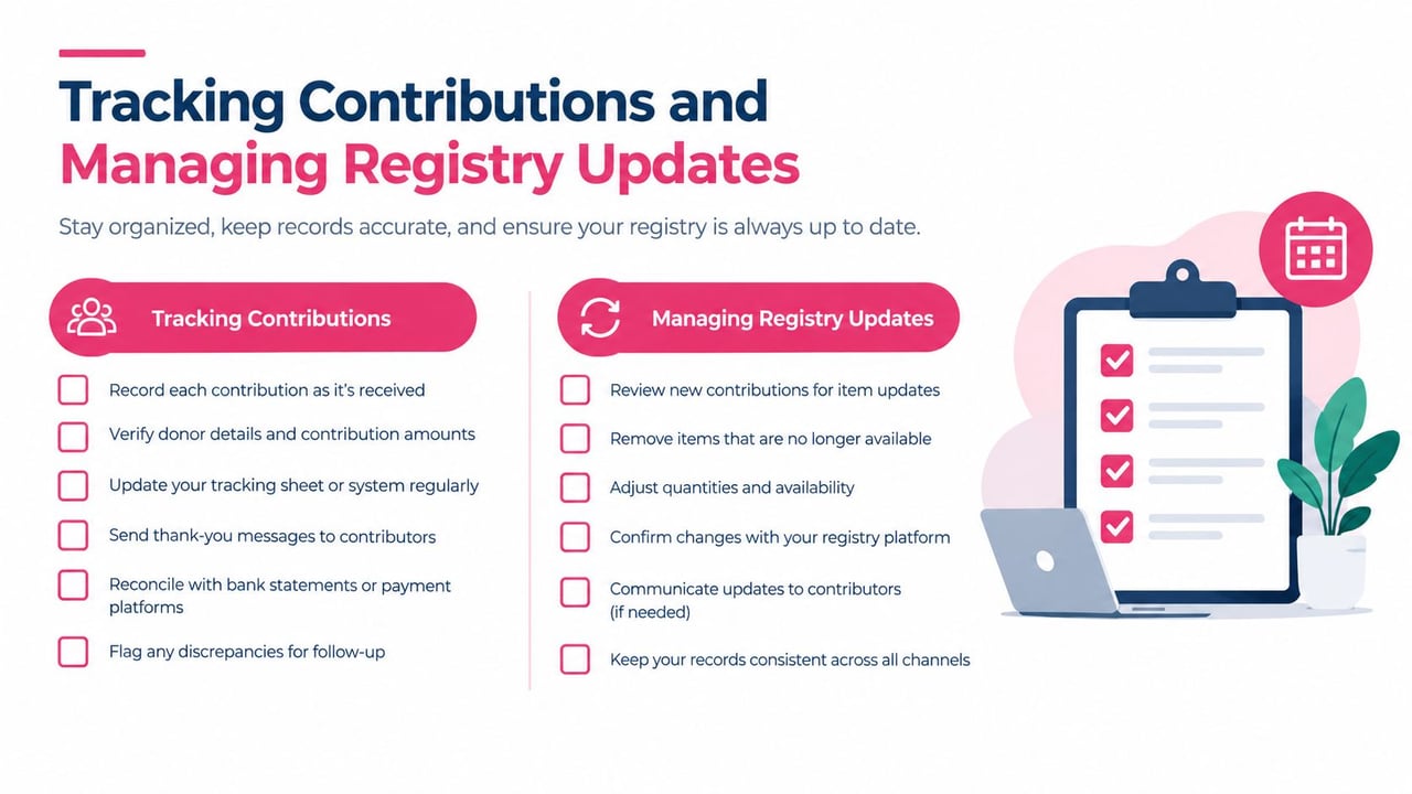 An infographic showing best practices for tracking registry contributions and managing updates for organized event planning.