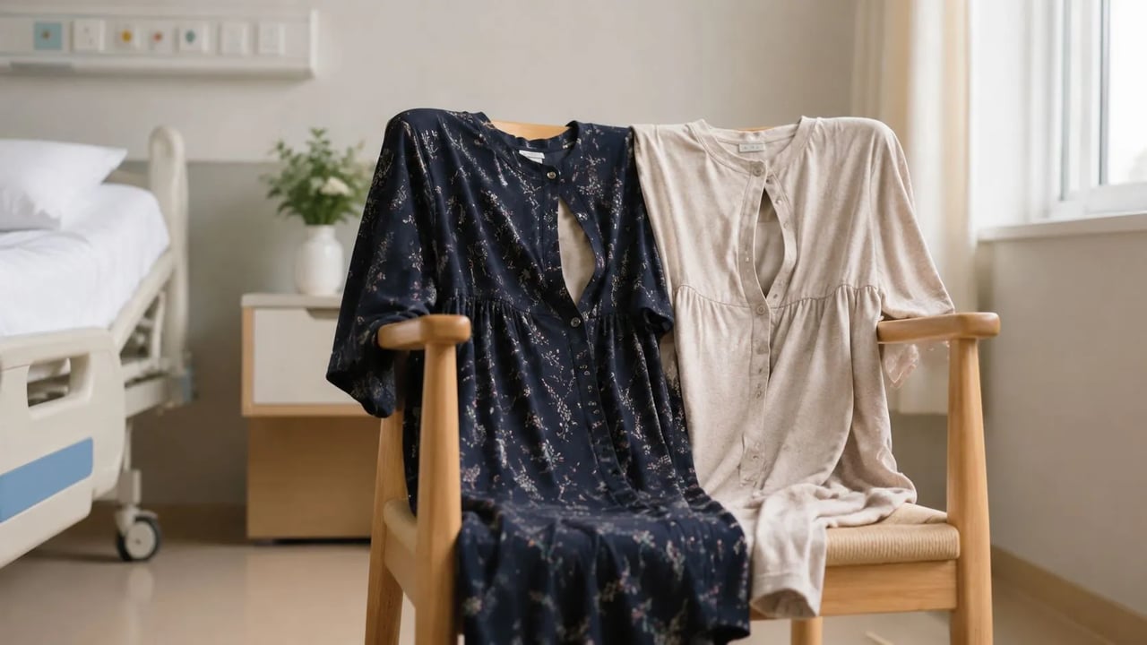Two comfortable maternity dresses draped over a wooden chair in a hospital room setting for mothers.