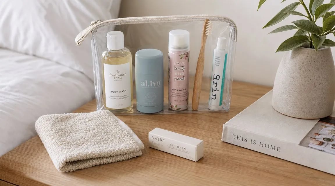 A clear toiletry bag containing personal care items arranged on a wooden bedside table with a towel.