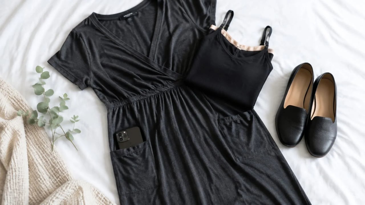 A charcoal gray dress with a phone in the pocket, a black camisole, and black loafers.