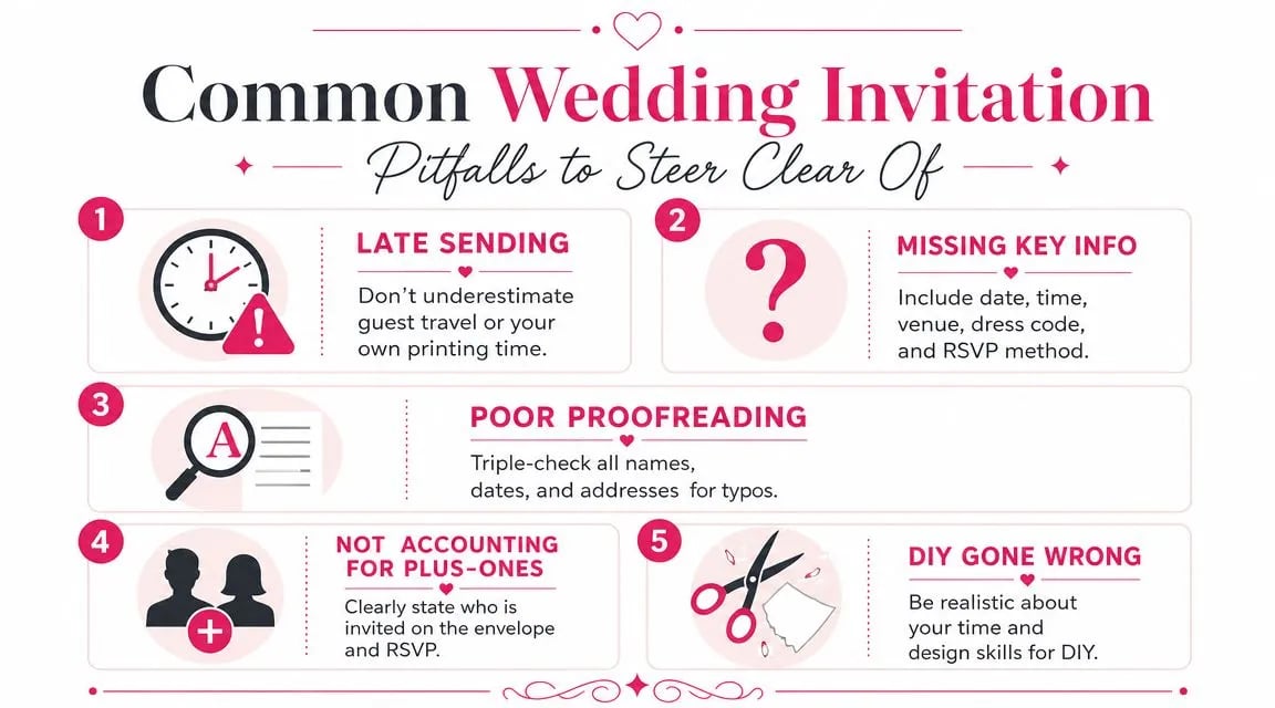 An infographic listing five common wedding invitation mistakes to avoid, including late sending and poor proofreading.