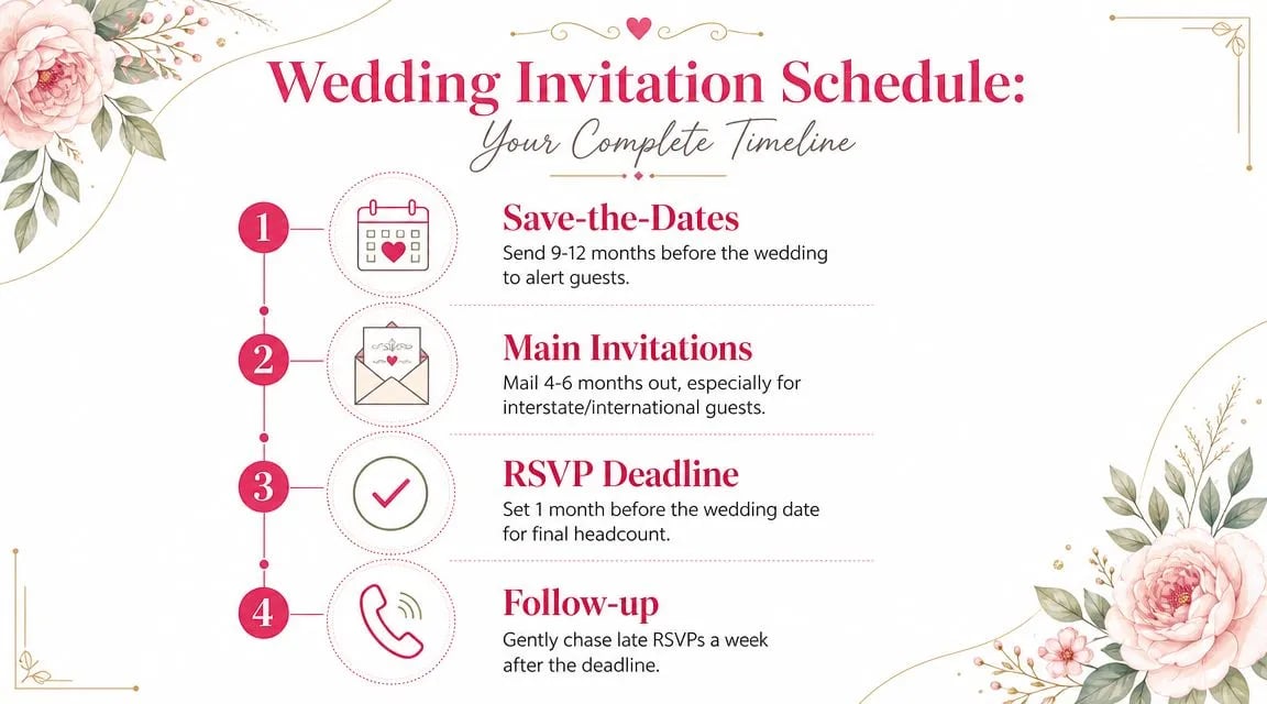 A wedding invitation timeline guide showing steps for save-the-dates, main invitations, RSVP deadlines, and follow-ups.