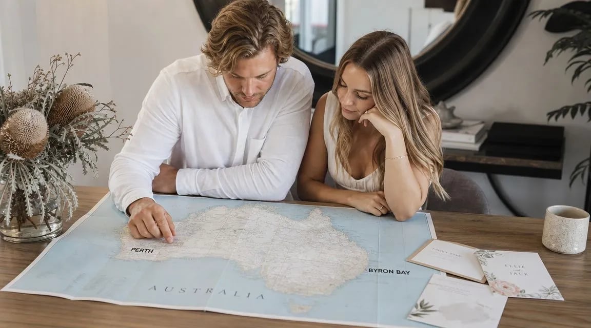 A couple looks at an Australia map on a wooden table while planning their destination wedding.