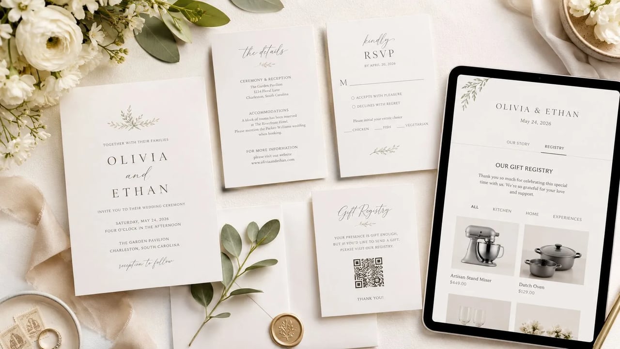 Elegant wedding invitation suite with cards, floral accents, and a digital tablet display on a table.
