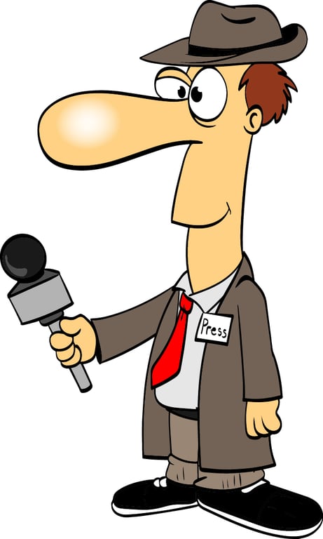 Cartoon illustration of a press reporter holding a microphone