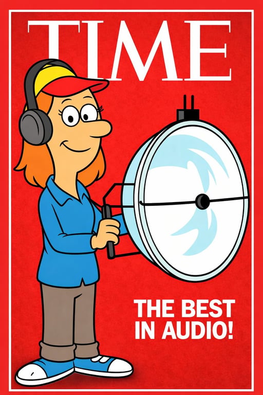 Cartoon illustration of a Klover Products parabolic microphone operator on a TIME magazine cover labeled 'The Best in Audio'