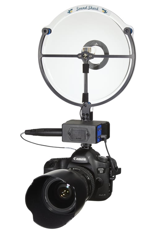 Sound Shark long-range microphone on a video camera