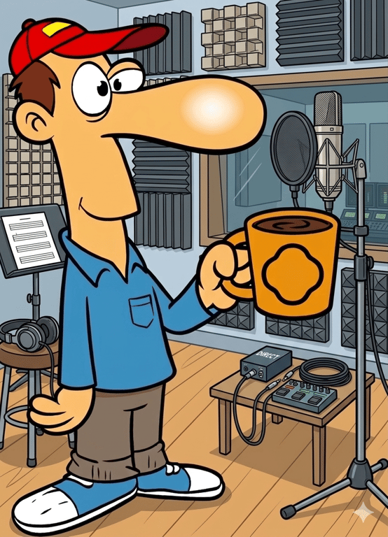 Sam the Cameraman in a recording studio, KLOVER MiK mascot
