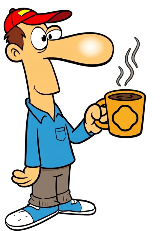 Sam the Cameraman holding a coffee, KLOVER MiK mascot