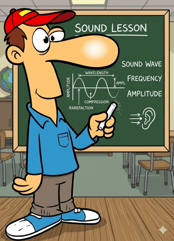 Sam the Cameraman teaching a sound lesson at a chalkboard, KLOVER MiK mascot