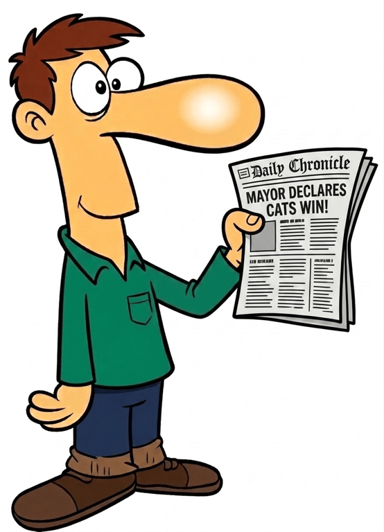 Cartoon of Sam holding a newspaper