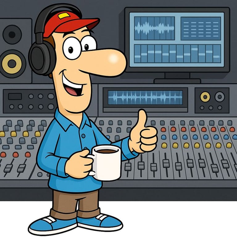 Cartoon illustration of a Klover Products audio engineer giving a thumbs-up at a studio mixing console