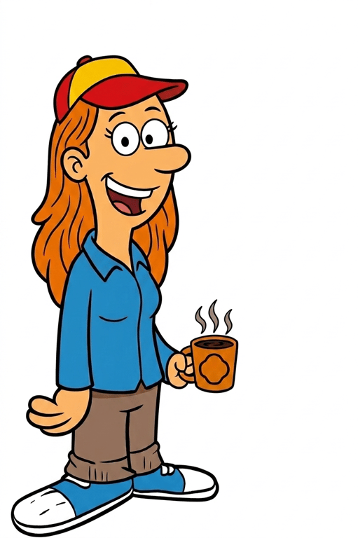 Sandy the Cameraperson holding a coffee, KLOVER MiK mascot