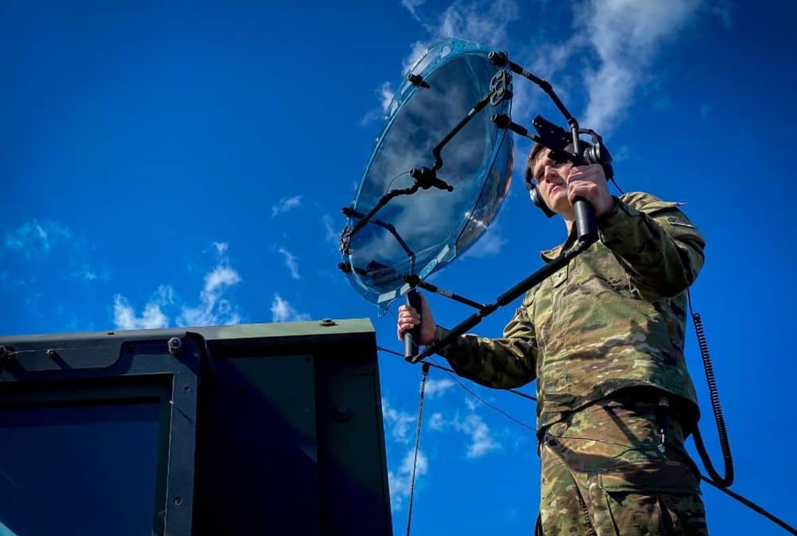 Military servicemember in multicam camouflage and headphones holding a KLOVER MiK Stealth parabolic microphone against a bright blue sky