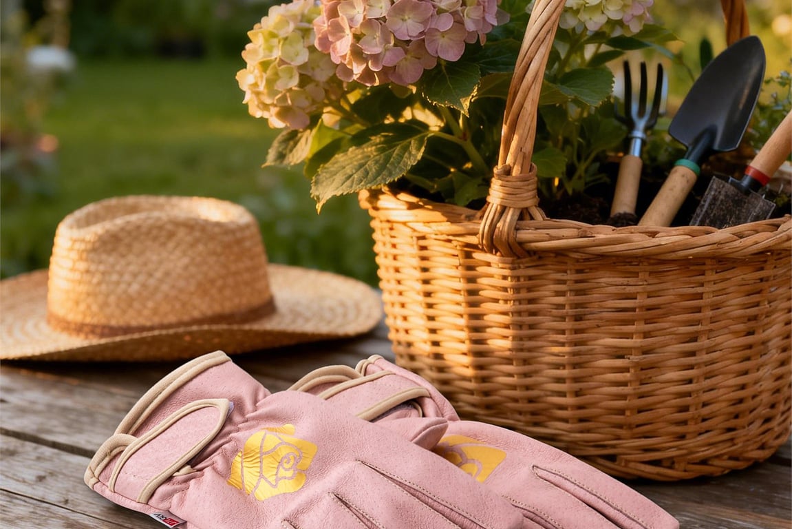 Garden gloves beside plants and soil