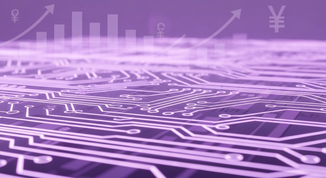 Abstract circuit board with glowing pathways and faint financial growth motifs in a purple-toned setting