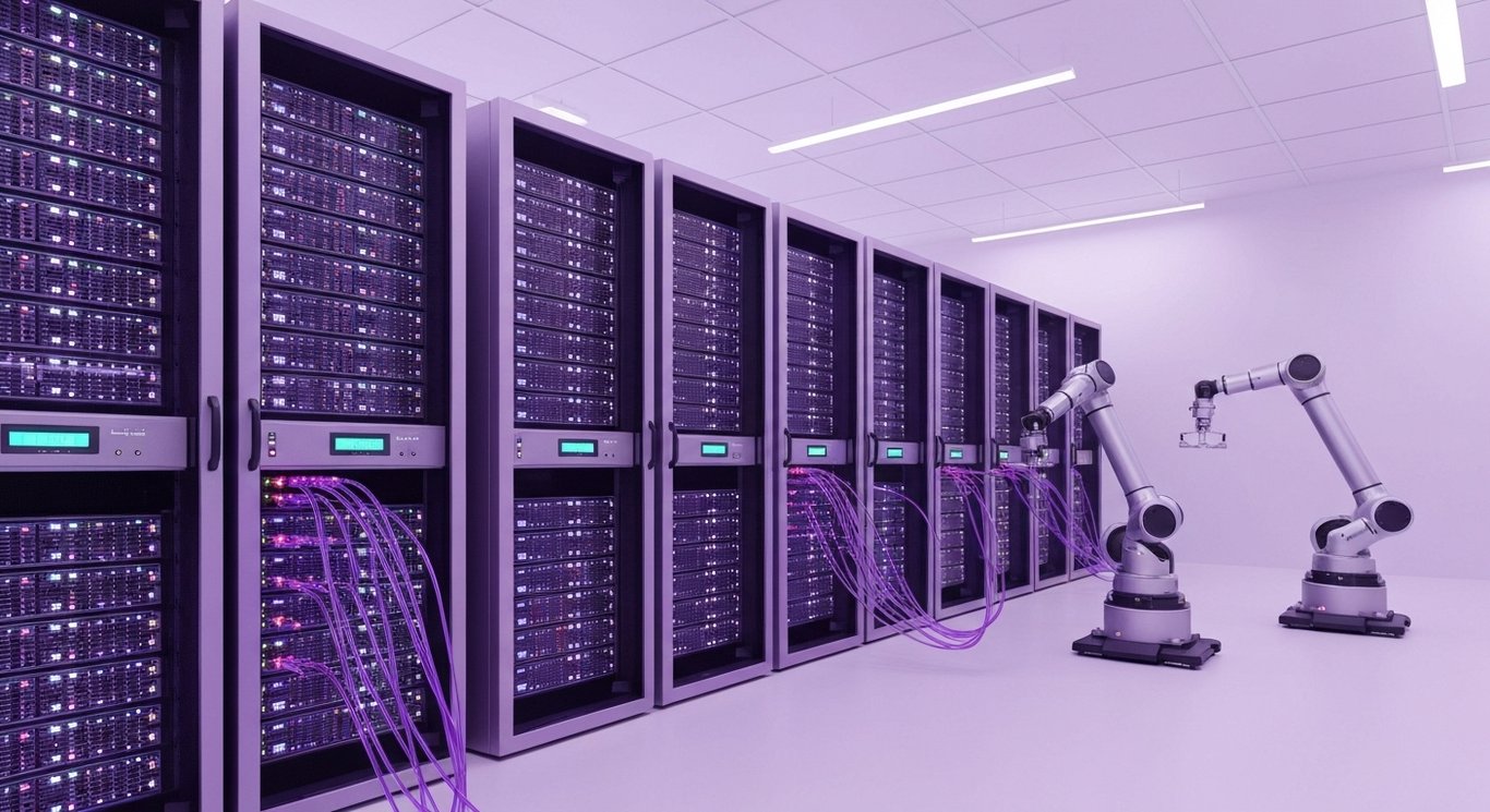 Advanced computer server cluster with robotic arms in a futuristic data center under purple lighting