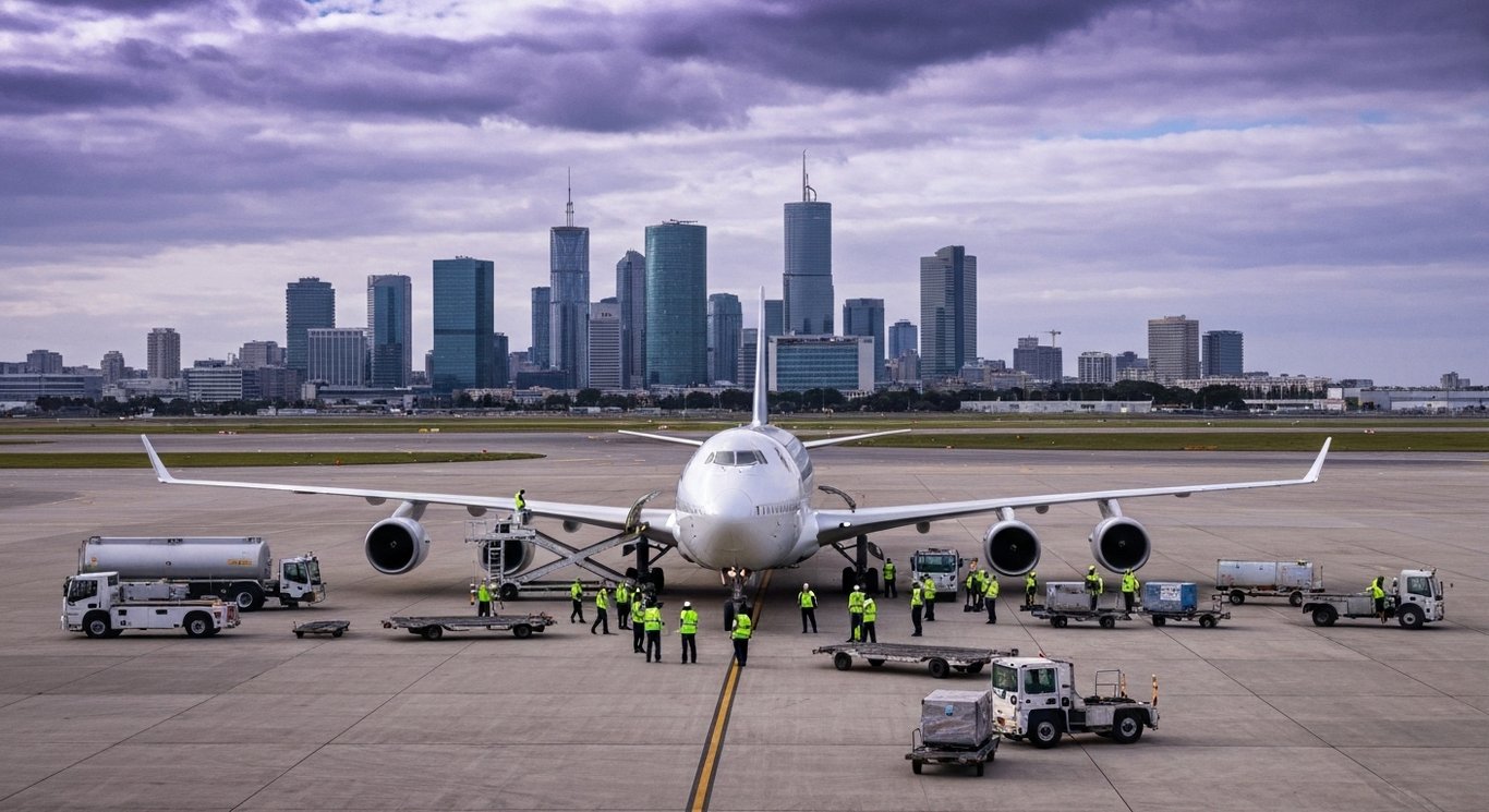 Commercial airplane on runway with ground crew, maintenance vehicles, and a city skyline against a purple sky