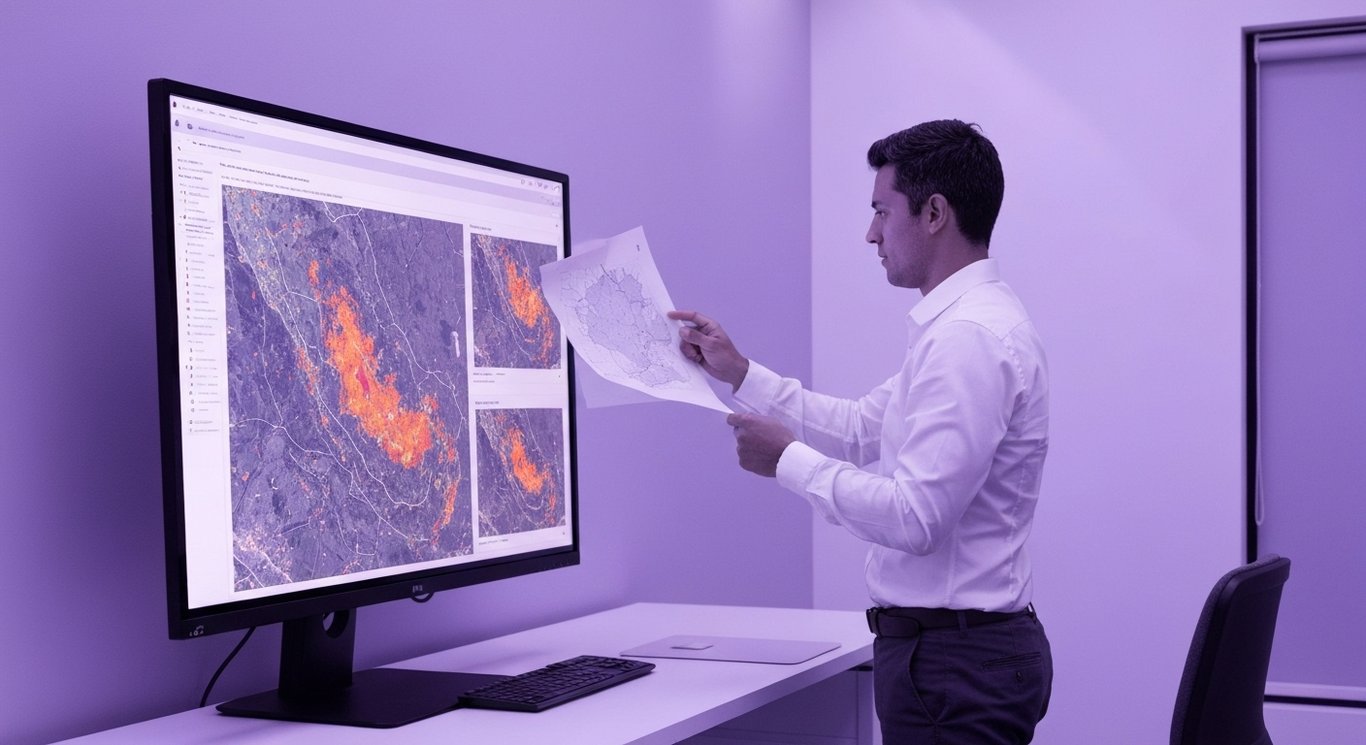 Data analyst studies wildfire risk maps on a digital screen in a modern office with a purple-toned background