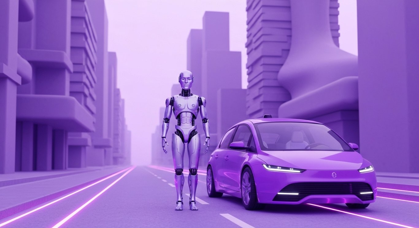 Humanoid robot and autonomous car on a futuristic city street with a soft purple background