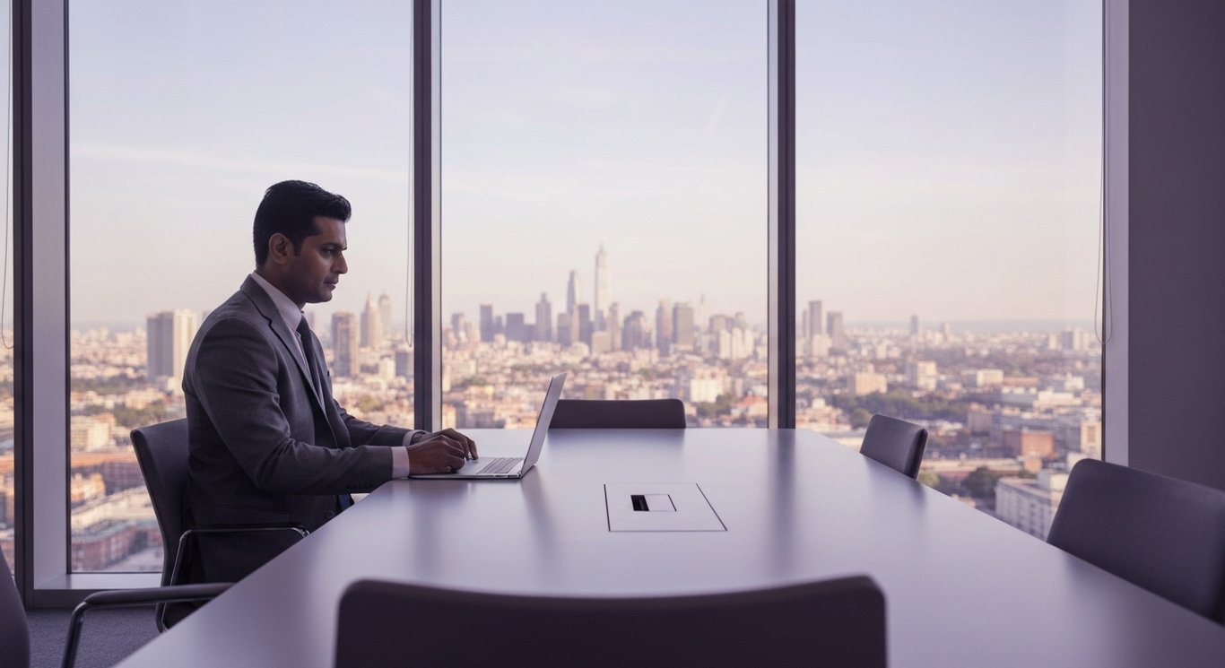 Business executive in a suit at a conference table with a cityscape visible through large windows